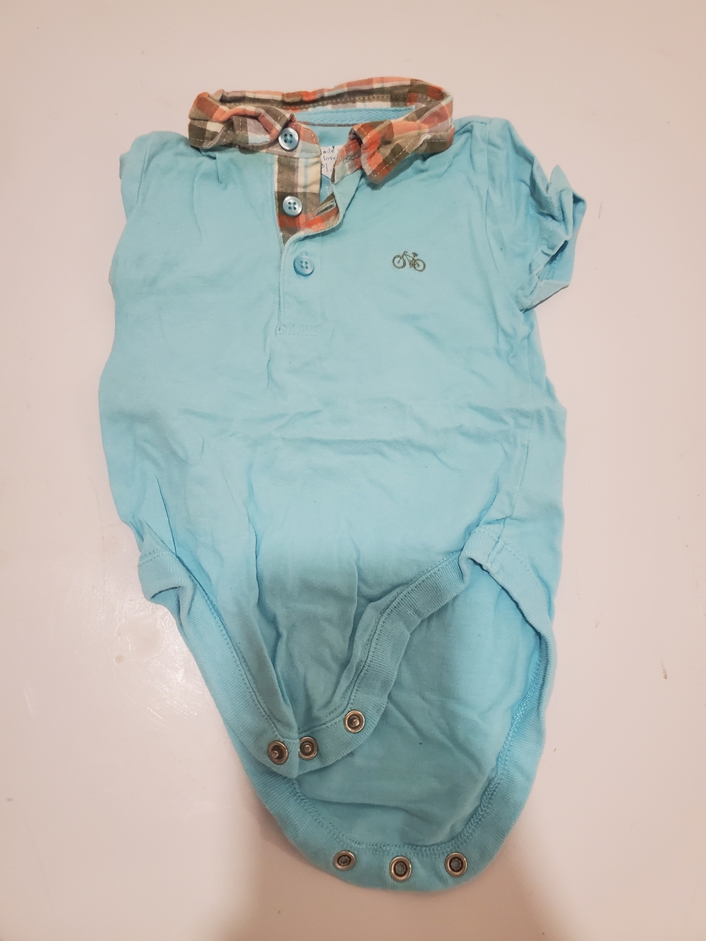 *free* Place 3-6 Month Light Blue Bodysuit with Plaid Trim